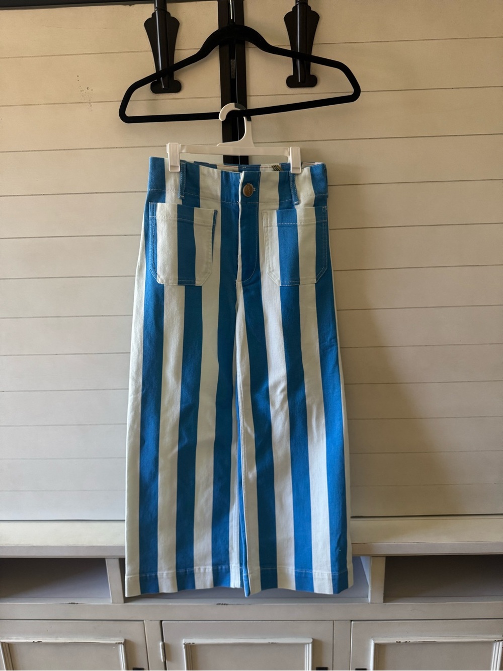 Free People Blue and White Striped Cropped Wide-Leg Jeans